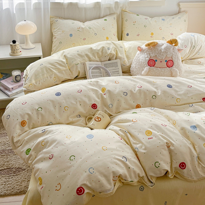 91家纺网 家纺一手货源 找家纺 西引力 2025开春新款全棉印花四件套单被套系列 笑脸