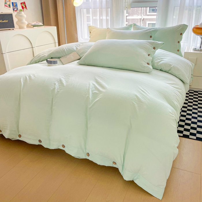 91家纺网 家纺一手货源 找家纺 库里梦家纺 2025新款水洗棉纽扣四件套学生季A类简约纯色无印风四件套 纽扣湖蓝