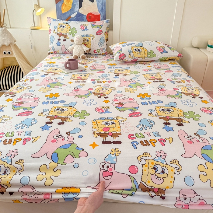 91家纺网 家纺一手货源 找家纺 温眠 2025新款A类亲肤水洗棉可爱卡通印花床笠 海绵伙伴