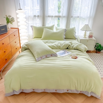 91家纺网 家纺一手货源 找家纺 库里梦家纺 2025新款贴边纽扣式纯色水洗棉四件套 贴边纽扣-芥末绿