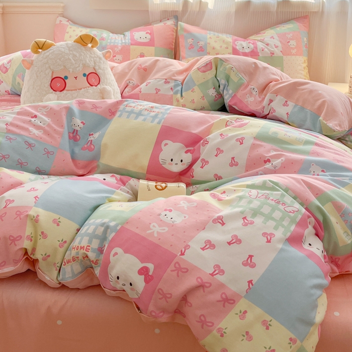 91家纺网 家纺一手货源 找家纺 西引力 2025开春新款全棉印花四件套单被套系列 可爱喵喵