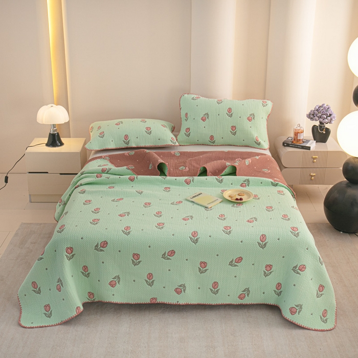 91家纺网 家纺一手货源 找家纺 手艺人2025新款A类宝宝四季全棉提花双面可铺盖床盖榻榻米炕盖炕垫盖毯AC01-AC10 AC01绿