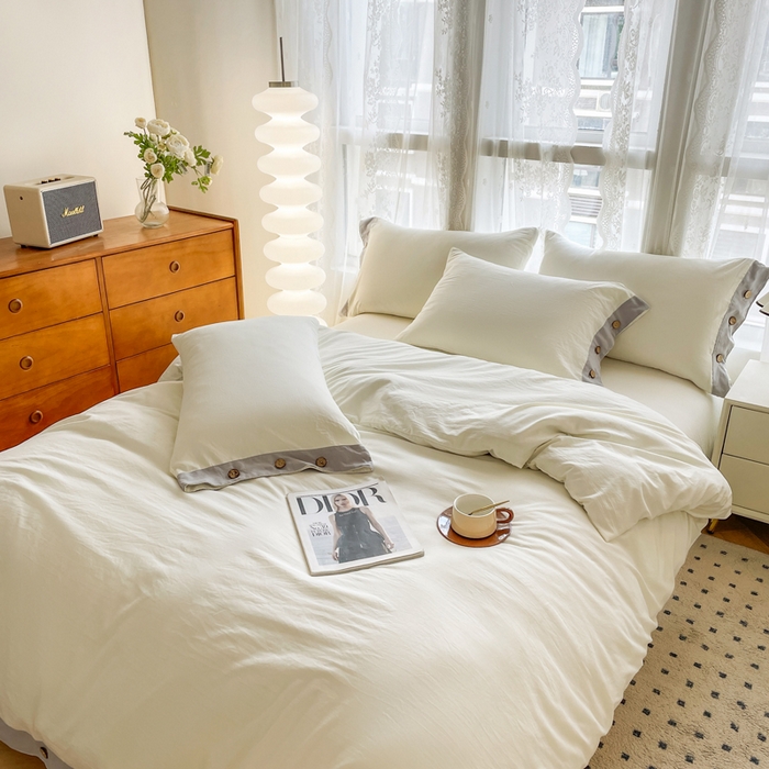 91家纺网 家纺一手货源 找家纺 库里梦家纺 2025新款贴边纽扣式纯色水洗棉四件套 贴边纽扣-奶油白