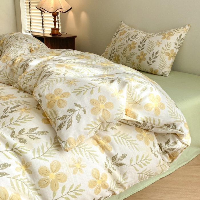 91家纺网 家纺一手货源 找家纺 2025新款A类母婴级有氧全棉纯棉双层纱纯棉印花四件套 场景一 初夏