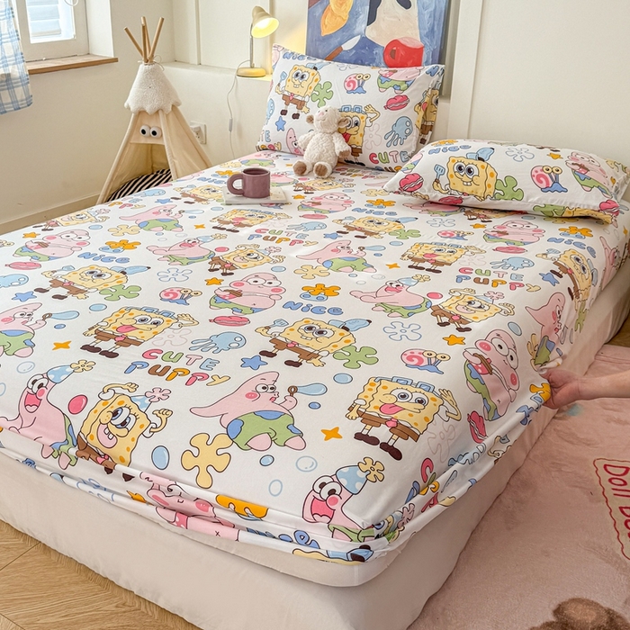 91家纺网 家纺一手货源 找家纺 温眠 2025新款A类亲肤水洗棉可爱卡通印花床笠 海绵伙伴