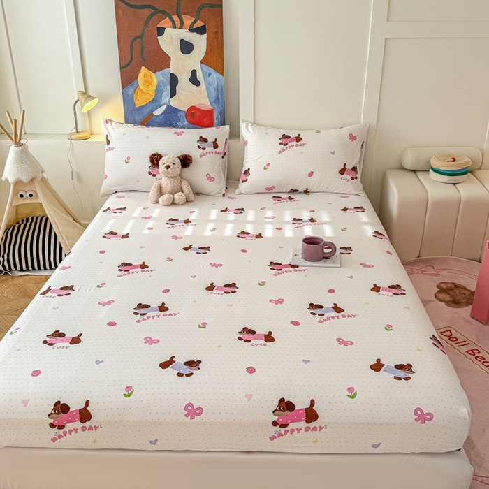 91家纺网 家纺一手货源 找家纺 温眠 2025新款A类亲肤水洗棉可爱卡通印花床笠 欢乐伙伴