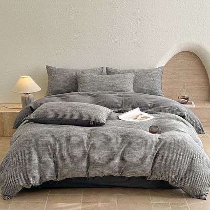 91家纺网 家纺一手货源 找家纺 618家纺 2025新款全棉色织水洗大提花纯棉长绒棉四件套-简雅 简雅-太空灰
