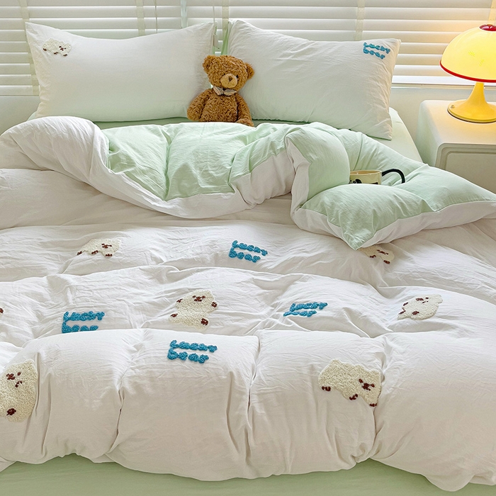 91家纺网 家纺一手货源 找家纺 韩巢家纺 2025新款超柔水洗棉小白熊毛巾绣四件套-（提供卖家秀） 小白熊白绿