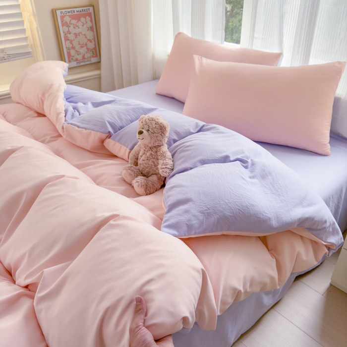 91家纺网 家纺一手货源 找家纺 优佳优品 2024新款亲肤水洗棉纯色四件套桃之夭夭