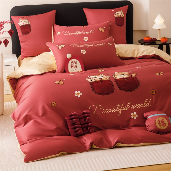 91家纺网 家纺一手货源 找家纺 （总）星野 2025新款双股澳棉刺绣贴布绣四件套-招财猫