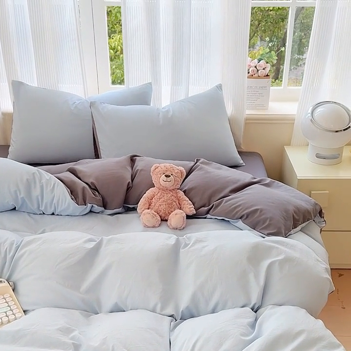 91家纺网 家纺一手货源 找家纺 优佳优品 2024新款亲肤水洗棉纯色四件套莫奈灰蓝