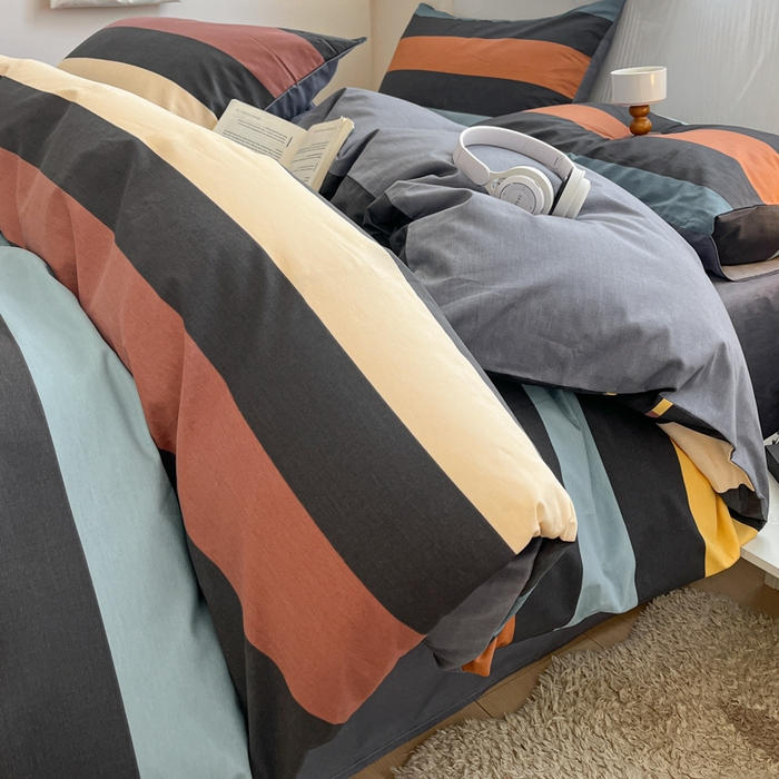 91家纺网 家纺一手货源 找家纺 西引力 2025开春新款全棉印花四件套单被套系列 彩条时尚