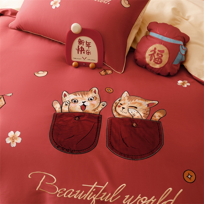 91家纺网 家纺一手货源 找家纺 （总）星野 2025新款双股澳棉刺绣贴布绣四件套-招财猫