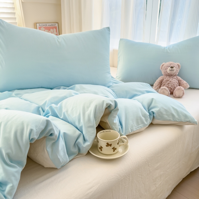 91家纺网 家纺一手货源 找家纺 优佳优品 2024新款亲肤水洗棉纯色四件套霜雪蔚蓝