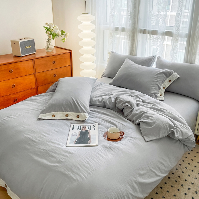 91家纺网 家纺一手货源 找家纺 库里梦家纺 2025新款贴边纽扣式纯色水洗棉四件套 贴边纽扣-雅灰