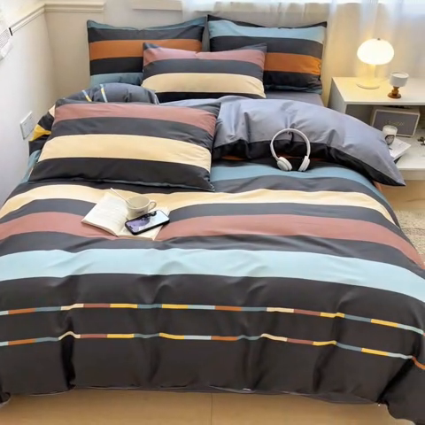 91家纺网 家纺一手货源 找家纺 西引力 2025开春新款全棉印花四件套单被套系列 彩条时尚