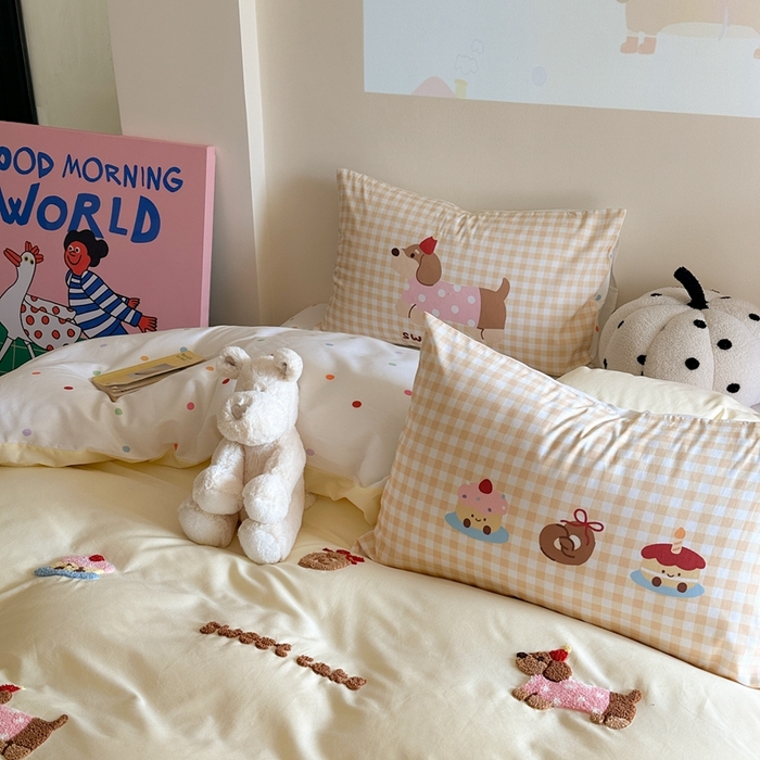 91家纺网 家纺一手货源 找家纺 美乐迪家纺 2025新款全棉毛巾绣四件套 腊肠狗