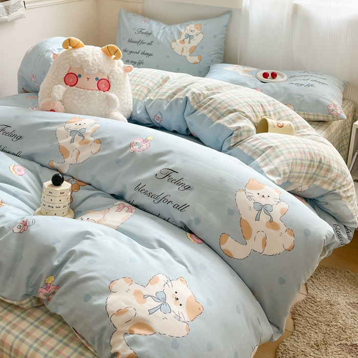 91家纺网 家纺一手货源 找家纺 西引力 2025开春新款全棉印花四件套单被套系列 猫咪酱