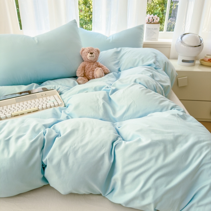 91家纺网 家纺一手货源 找家纺 优佳优品 2024新款亲肤水洗棉纯色四件套霜雪蔚蓝