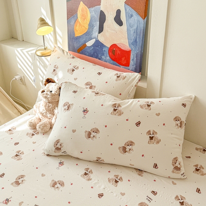 91家纺网 家纺一手货源 找家纺 温眠 2025新款A类亲肤水洗棉可爱卡通印花床笠 可爱泰迪