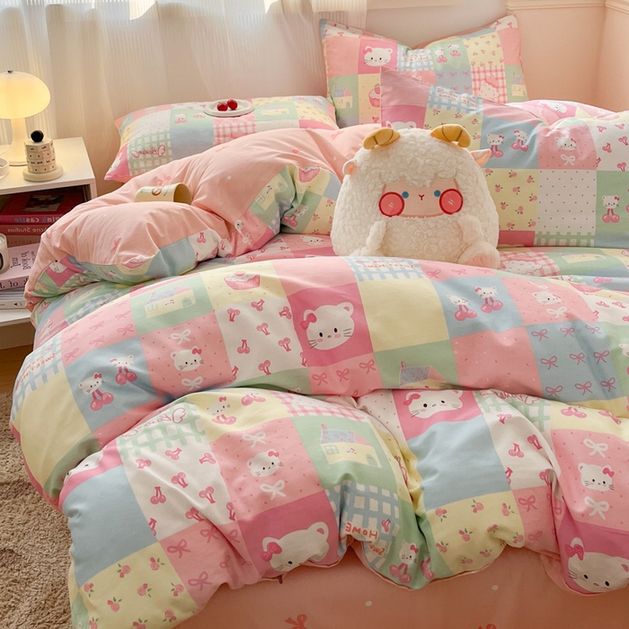 91家纺网 家纺一手货源 找家纺 西引力 2025开春新款全棉印花四件套单被套系列 可爱喵喵