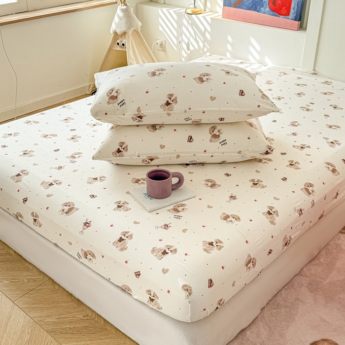 91家纺网 家纺一手货源 找家纺 温眠 2025新款A类亲肤水洗棉可爱卡通印花床笠 可爱泰迪