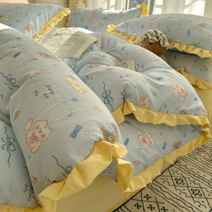 91家纺网 家纺一手货源 找家纺 韩都2025黑花边双层纱水洗针织棉韩版公主风四件套 小猫时光