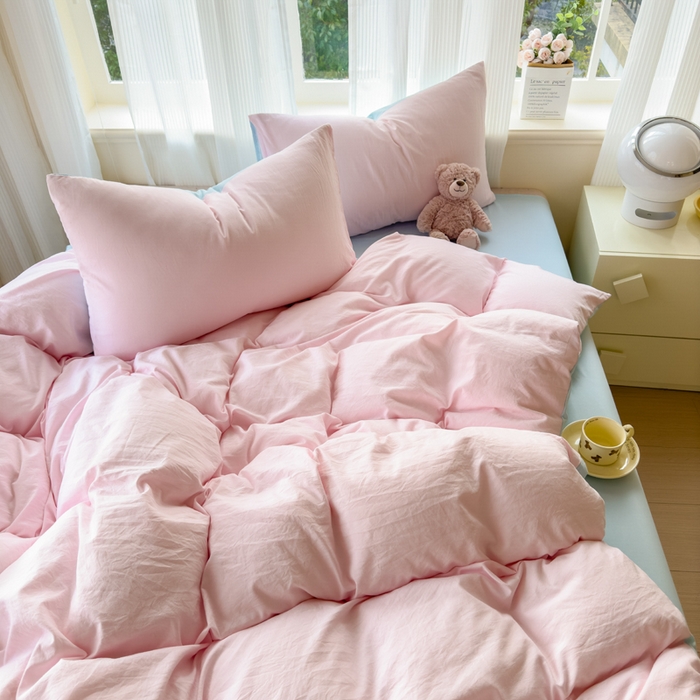 91家纺网 家纺一手货源 找家纺 优佳优品 2024新款亲肤水洗棉纯色四件套慕云粉