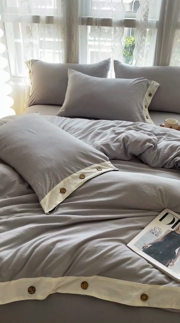 91家纺网 家纺一手货源 找家纺 库里梦家纺 2025新款贴边纽扣式纯色水洗棉四件套 贴边纽扣-雅灰
