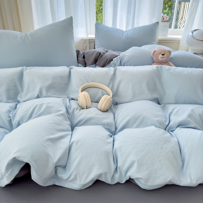 91家纺网 家纺一手货源 找家纺 优佳优品 2024新款亲肤水洗棉纯色四件套莫奈灰蓝