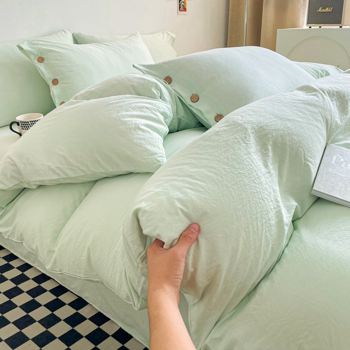 91家纺网 家纺一手货源 找家纺 库里梦家纺 2025新款水洗棉纽扣四件套学生季A类简约纯色无印风四件套 纽扣湖蓝