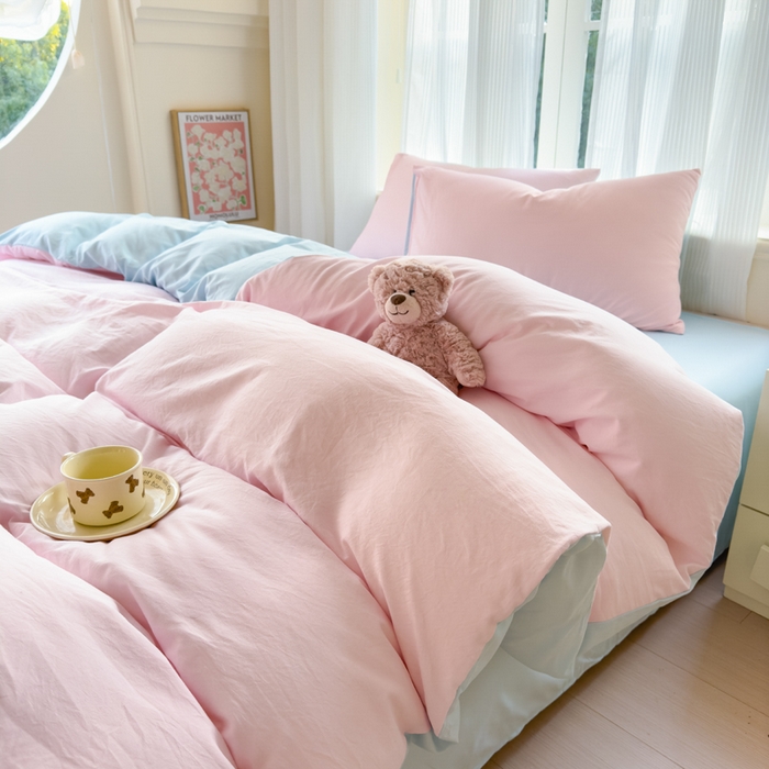 91家纺网 家纺一手货源 找家纺 优佳优品 2024新款亲肤水洗棉纯色四件套慕云粉