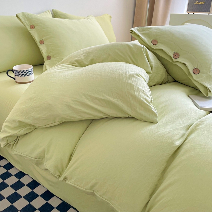 91家纺网 家纺一手货源 找家纺 库里梦家纺 2025新款水洗棉纽扣四件套学生季A类简约纯色无印风四件套 纽扣芥末绿