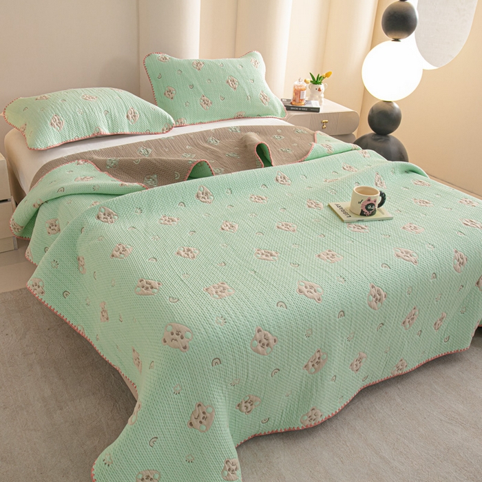 91家纺网 家纺一手货源 找家纺 手艺人2025新款A类宝宝四季全棉提花双面可铺盖床盖榻榻米炕盖炕垫盖毯AC01-AC10 AC06绿