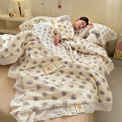2025新款全棉双层皱皱沙印花花边30%大豆夏凉被纯棉夏被被子被芯 花梦