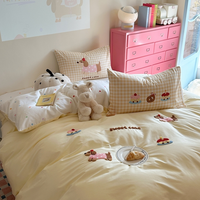 91家纺网 家纺一手货源 找家纺 美乐迪家纺 2025新款全棉毛巾绣四件套 腊肠狗