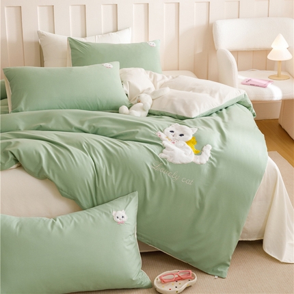91家纺网 家纺一手货源 找家纺 （买家秀 爆款花型不断货）无印风纯棉四件套全棉四件套水洗棉三件套床单四件套床笠四件套色织水洗棉四件套 蝴蝶猫咪奶绿