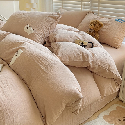 91家纺网 家纺一手货源 找家纺 韩巢家纺 2025新款超柔水洗棉小白熊毛巾绣四件套-（提供卖家秀） 小白熊浅咖