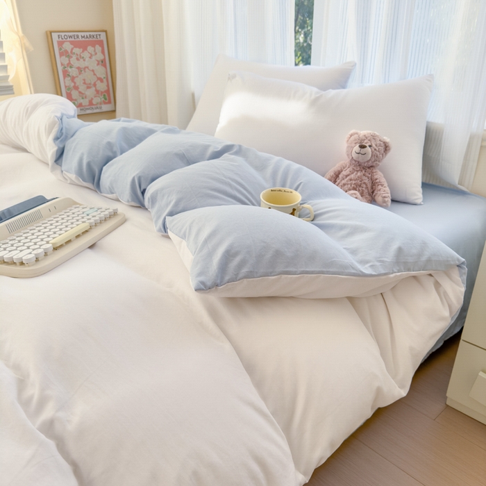 91家纺网 家纺一手货源 找家纺 优佳优品 2024新款亲肤水洗棉纯色四件套云朵冰蓝