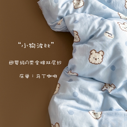 91家纺网 家纺一手货源 找家纺 2025新款A类母婴级有氧全棉纯棉双层纱纯棉印花四件套 场景一 小狗波比