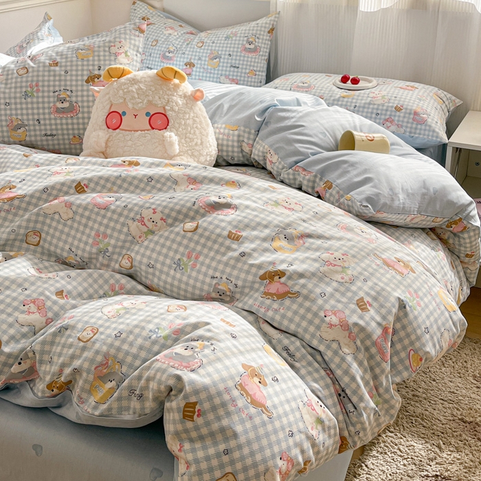 91家纺网 家纺一手货源 找家纺 西引力 2025开春新款全棉印花四件套单被套系列 狗狗派对