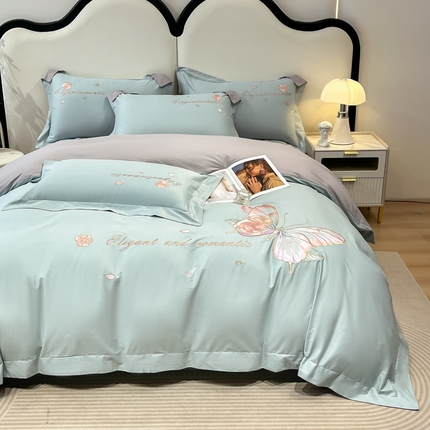 91家纺网 家纺一手货源 找家纺 （总）桃园 2025新款纯棉全棉长绒棉刺绣绣花四件套蝶影系列（高端礼盒 ）