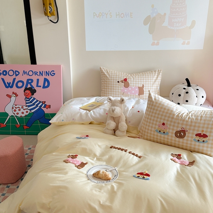 91家纺网 家纺一手货源 找家纺 美乐迪家纺 2025新款全棉毛巾绣四件套 腊肠狗