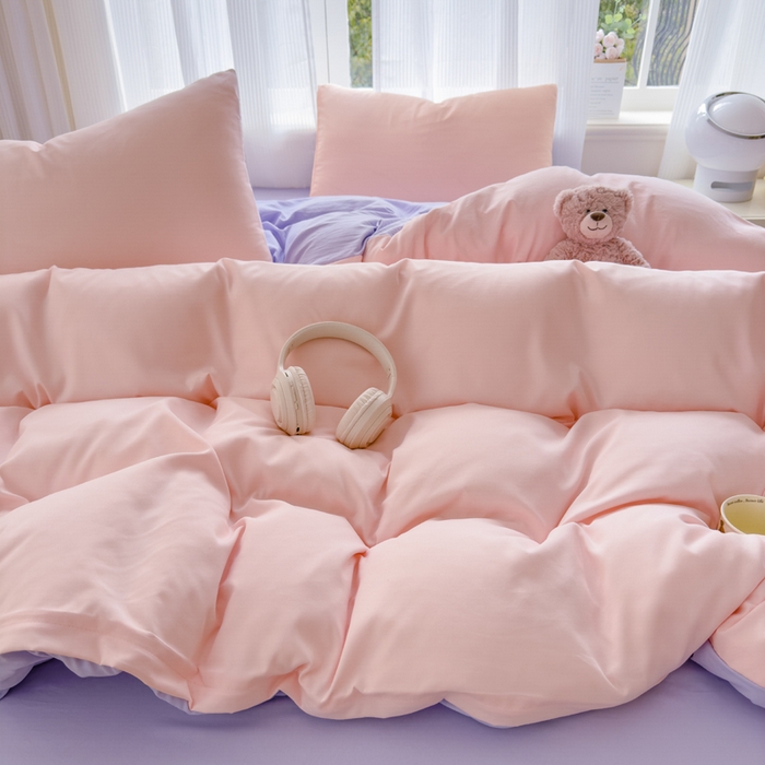 91家纺网 家纺一手货源 找家纺 优佳优品 2024新款亲肤水洗棉纯色四件套桃之夭夭