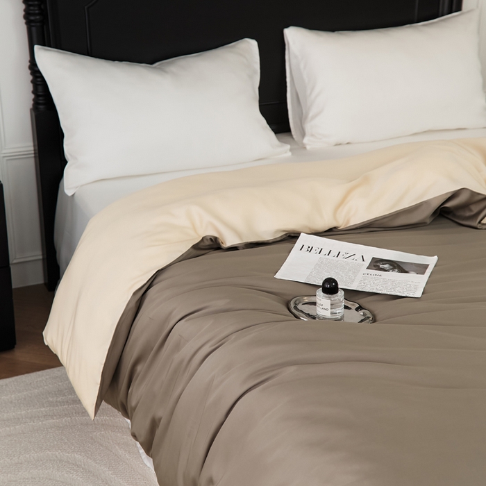 91家纺网 家纺一手货源 找家纺 EH家居 2025春夏天丝纯色单被套 香槟咖+深咖