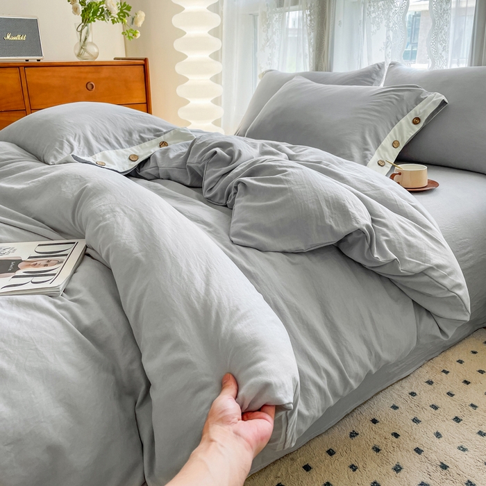 91家纺网 家纺一手货源 找家纺 库里梦家纺 2025新款贴边纽扣式纯色水洗棉四件套 贴边纽扣-雅灰