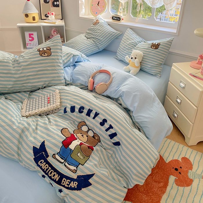 91家纺网 家纺一手货源 找家纺 优卡迪家纺馆 2025新款110克水洗棉无印风毛巾绣四件套【下载文件夹包含买家秀】 潮酷熊-水兰条