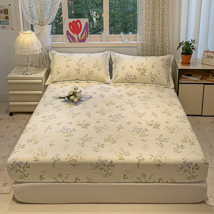 91家纺网 家纺一手货源 找家纺 2025春夏新款全棉花卉系列印花单床笠 沁园春