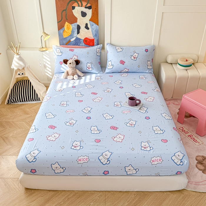 91家纺网 家纺一手货源 找家纺 温眠 2025新款A类亲肤水洗棉可爱卡通印花床笠 高西低