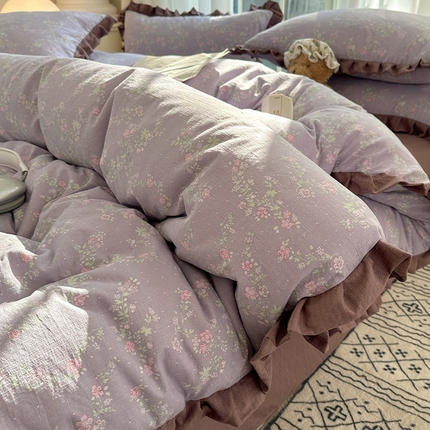 91家纺网 家纺一手货源 找家纺 韩都2025黑花边双层纱水洗针织棉韩版公主风四件套 恋如青柠